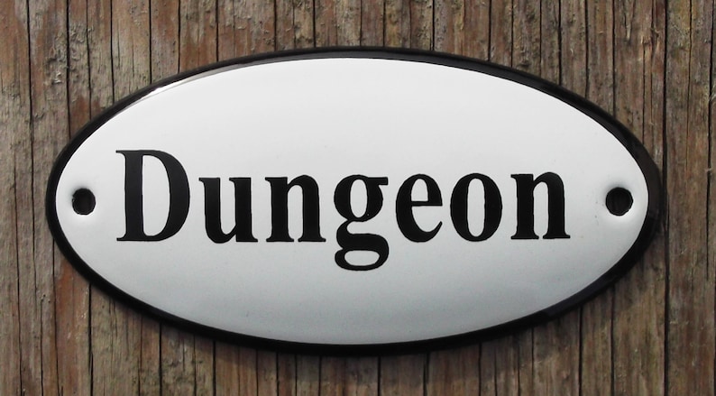 Dungeon Lettering Classic Enamel Dungeon Sign. Black Text on a White Background. 10x5cm ...