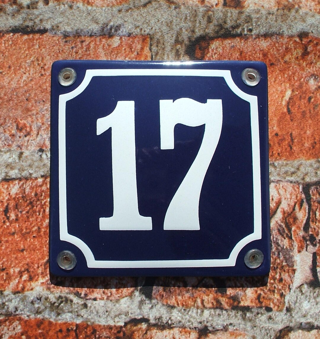 17 Sign Striped Classic Enamel Number 17 Sign. White Number on a Dark Blue Square Sign ...