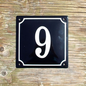 House Number 9, traditional enamel. White number on a black background. 16x16cm. No.9.