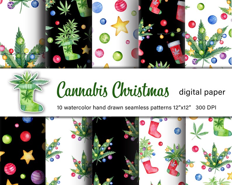 Cannabis Christmas Watercolor Digital Paper. Marijuana Seamless Pattern ...