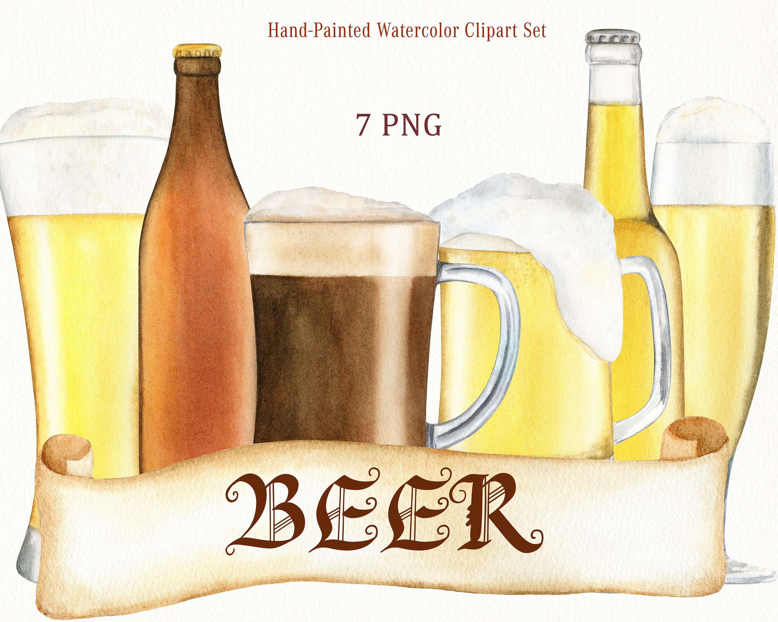 Watercolor Beer Clipart. Hand Drawn Cold Beer Glass, Mug and Bottle