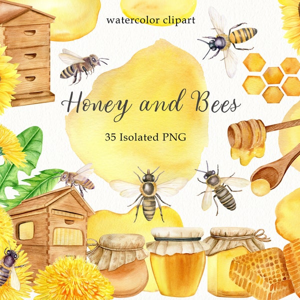 Watercolor honey and bees clipart. Hand painted beekeeping honeybee PNG clip art. Elements for card making, scrapbooking