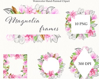 Watercolor pink magnolia frames clipart set. Hand painted spring flowers PNG clip art. Separate elements for invitations, card making