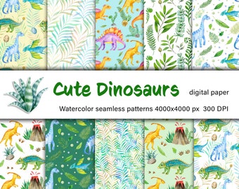 Watercolor dinosaur digital paper, dino tropics seamless pattern, children scrapbook paper for digital download 11