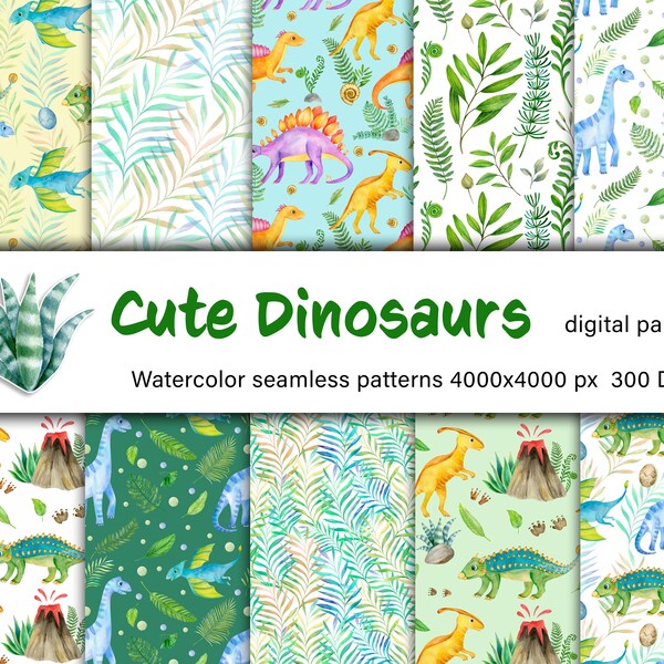 Watercolor dinosaur digital paper, dino tropics seamless pattern, children scrapbook paper for digital download 11