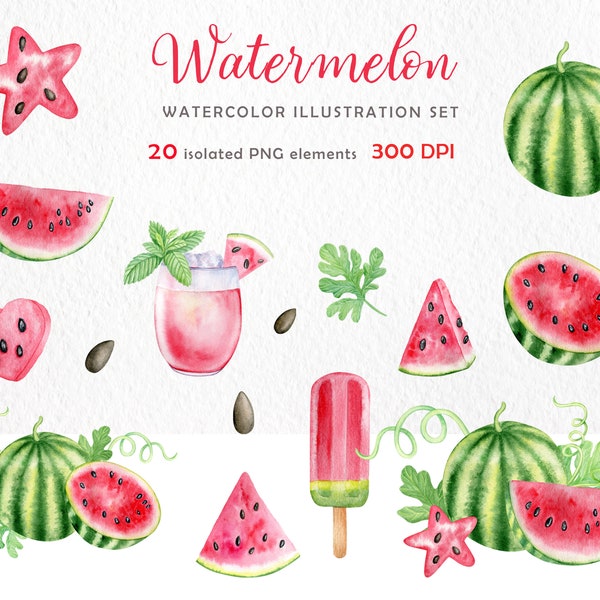 ensemble de clipart de pastèque aquarelle. Pastèques juteuses d'été, dessert, crème glacée, clipart cocktail pour téléchargement numérique gratuit png taille : 45