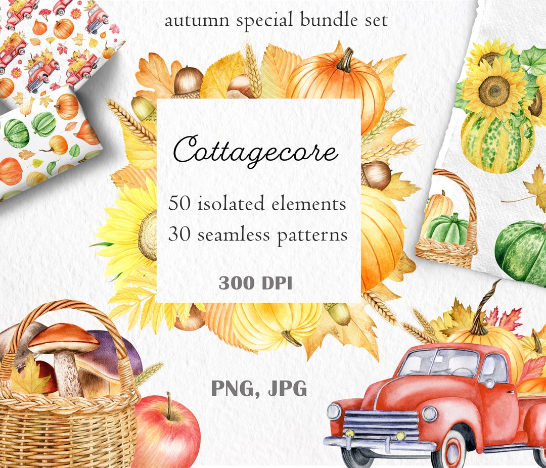 Watercolor Cottagecore Autumn Clipart and Pattern Set. - Etsy