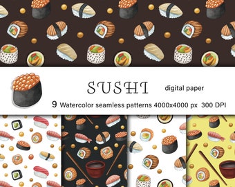 Sushi and Maki Hand drawn seamless pattern. Japanese sushi digital paper. Digital download, repeat pattern for scrapbooking