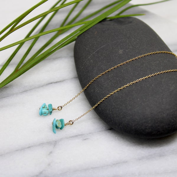 Sculptural Minimalist Gold and Turquoise Threader Earrings - Gold Fill Chain Threader with Real Turquoise Chips