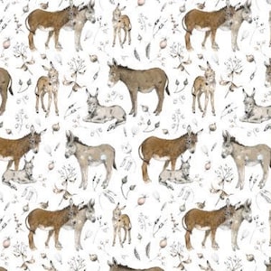 May include: A white background with a repeating pattern of brown and white donkeys, some with their young, and stylised floral elements.