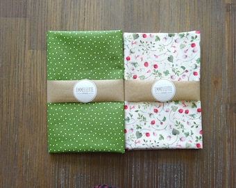 Paquete de tela acufactum campo de fresas y lunares verde oliva, cortes de tela, 2 x aprox.