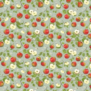 May include: A seamless pattern featuring red apples and apple slices on a light blue background. The pattern also includes green leaves and white flowers.