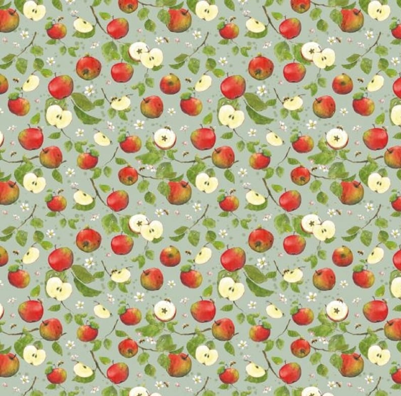 May include: A seamless pattern featuring red apples and apple slices on a light blue background. The pattern also includes green leaves and white flowers.