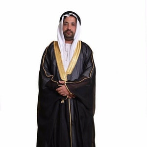 Arabic Mens cloak bisht Cloak Arab Dress Thoub SAUDI Men's Traditional Rob EID white scarves black cord ugal 3 pieces sets Only Black /Gold