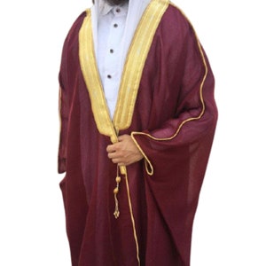 Men's Bisht Cloak Arab Dress Thobe Robe Eid Kaftan Jacket Wedding free shipping Burgundy