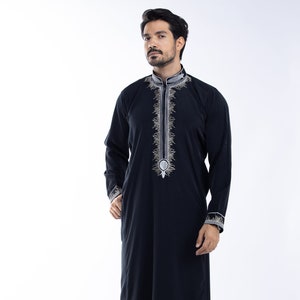 Embroidered Men Arab thoub Dishdash Long Sleeve Thobe Islamic Robe Kaftan Abaya Dress Only 104 image 4