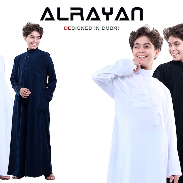 Boys Plain  Abaya Kaftan Islamic Prayer Clothing Dubai Long Sleeve Thobe Dishdasha