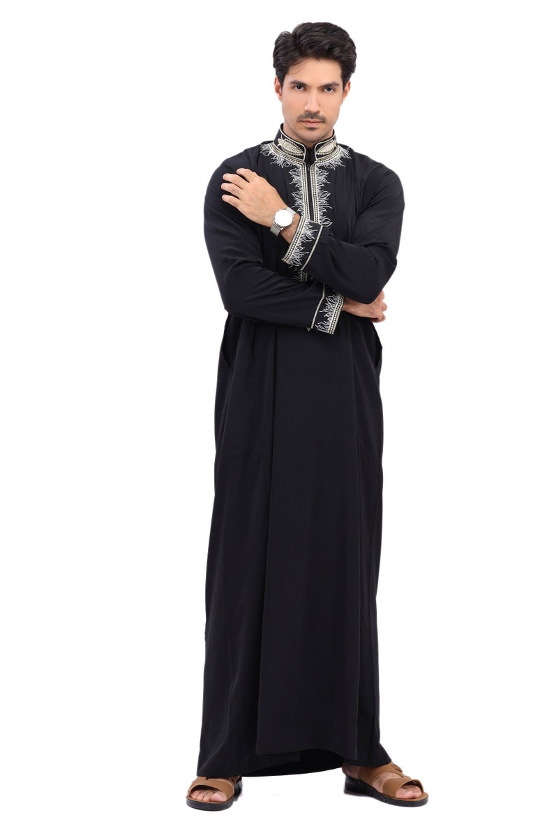 Embroidered Men Arab thoub Dishdash Long Sleeve Thobe Islamic Robe Kaftan Abaya Dress Only 104 image 1