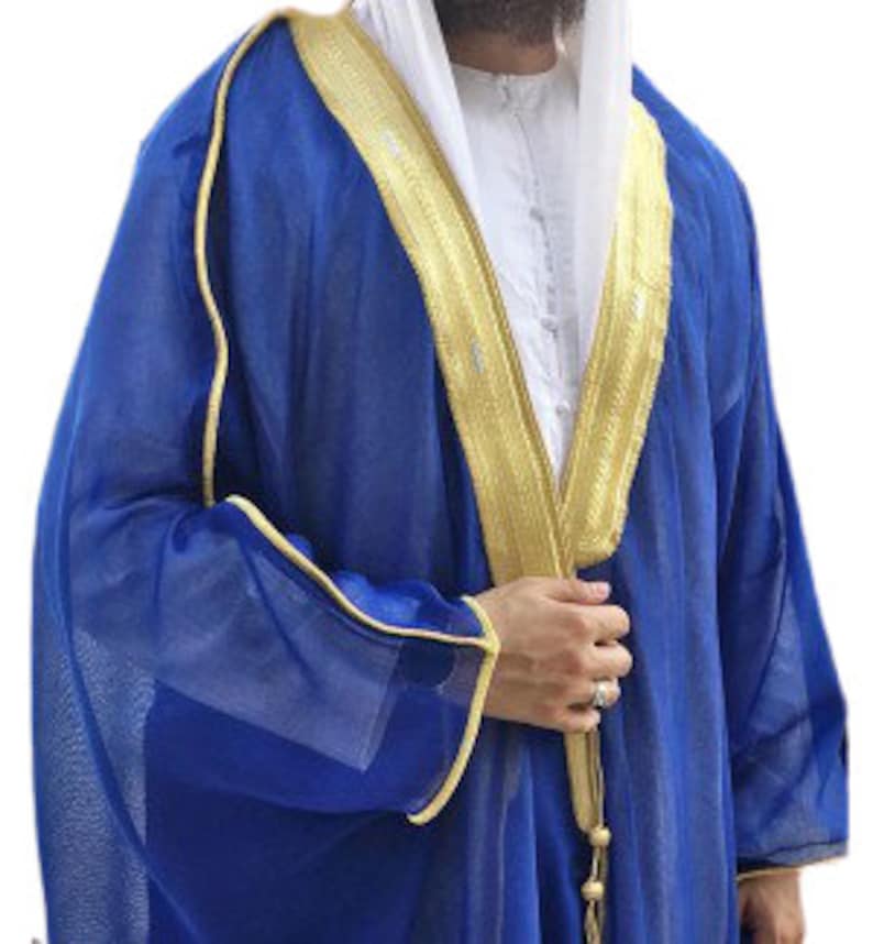 Men's Bisht Cloak Arab Dress Thobe Robe Eid Kaftan Jacket Wedding free shipping Blue