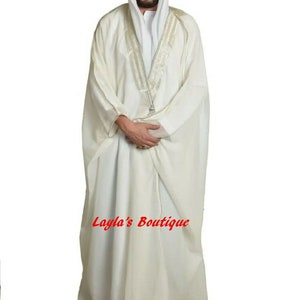 Arabic Mens cloak bisht Cloak Arab Dress Thoub SAUDI Men's Traditional Rob EID white scarves black cord ugal 3 pieces sets Only Off White /Silver