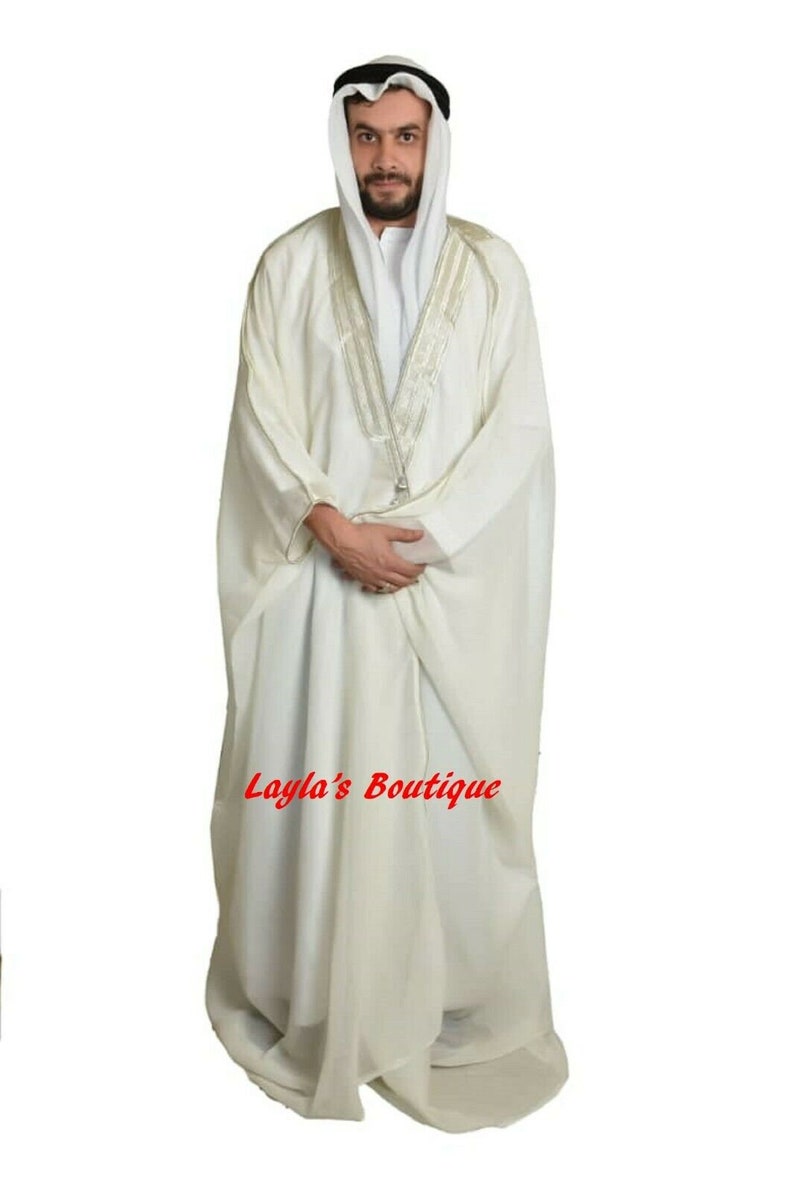 Arabic Mens cloak bisht Cloak Arab Dress Thoub SAUDI Men's Traditional Rob EID white scarves black cord ugal 3 pieces sets Only Off White /Silver