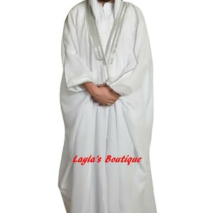 Arabic Mens cloak bisht Cloak Arab Dress Thoub SAUDI Men's Traditional Rob EID white scarves black cord ugal 3 pieces sets Only White /Silver