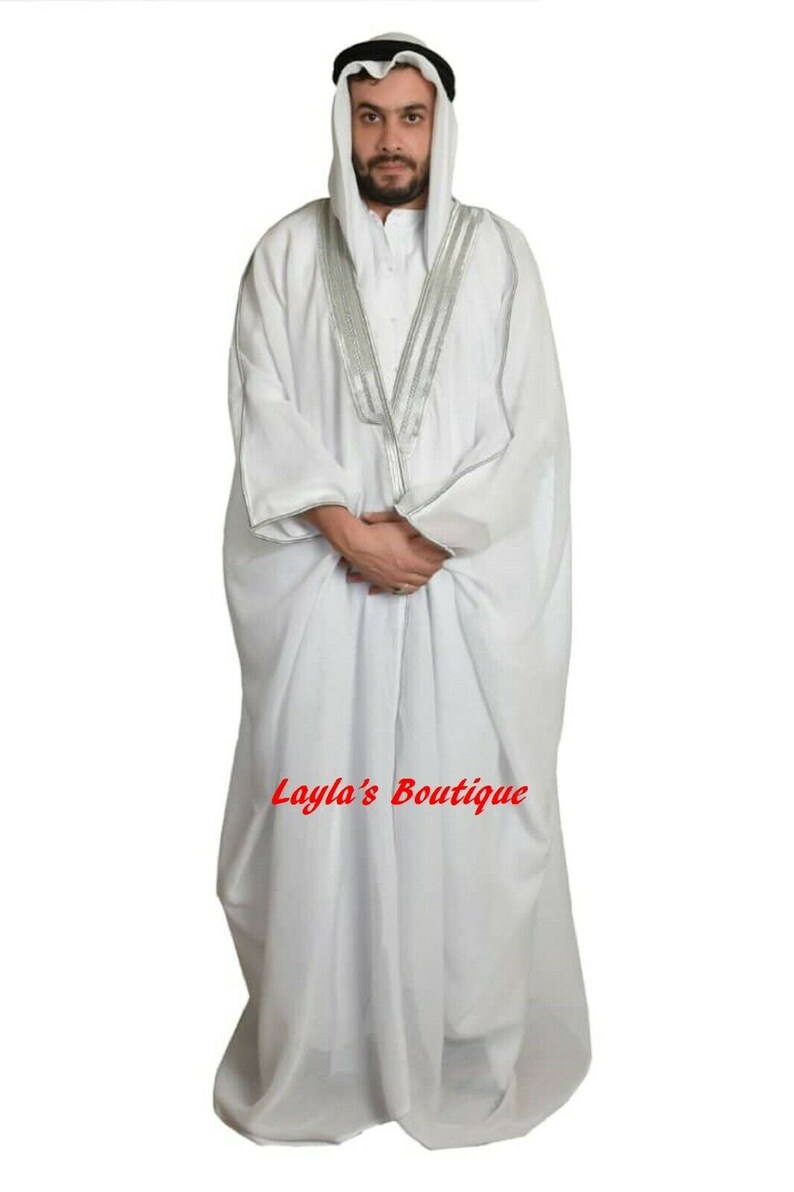 Arabic Mens cloak bisht Cloak Arab Dress Thoub SAUDI Men's Traditional Rob EID white scarves black cord ugal 3 pieces sets Only White /Silver