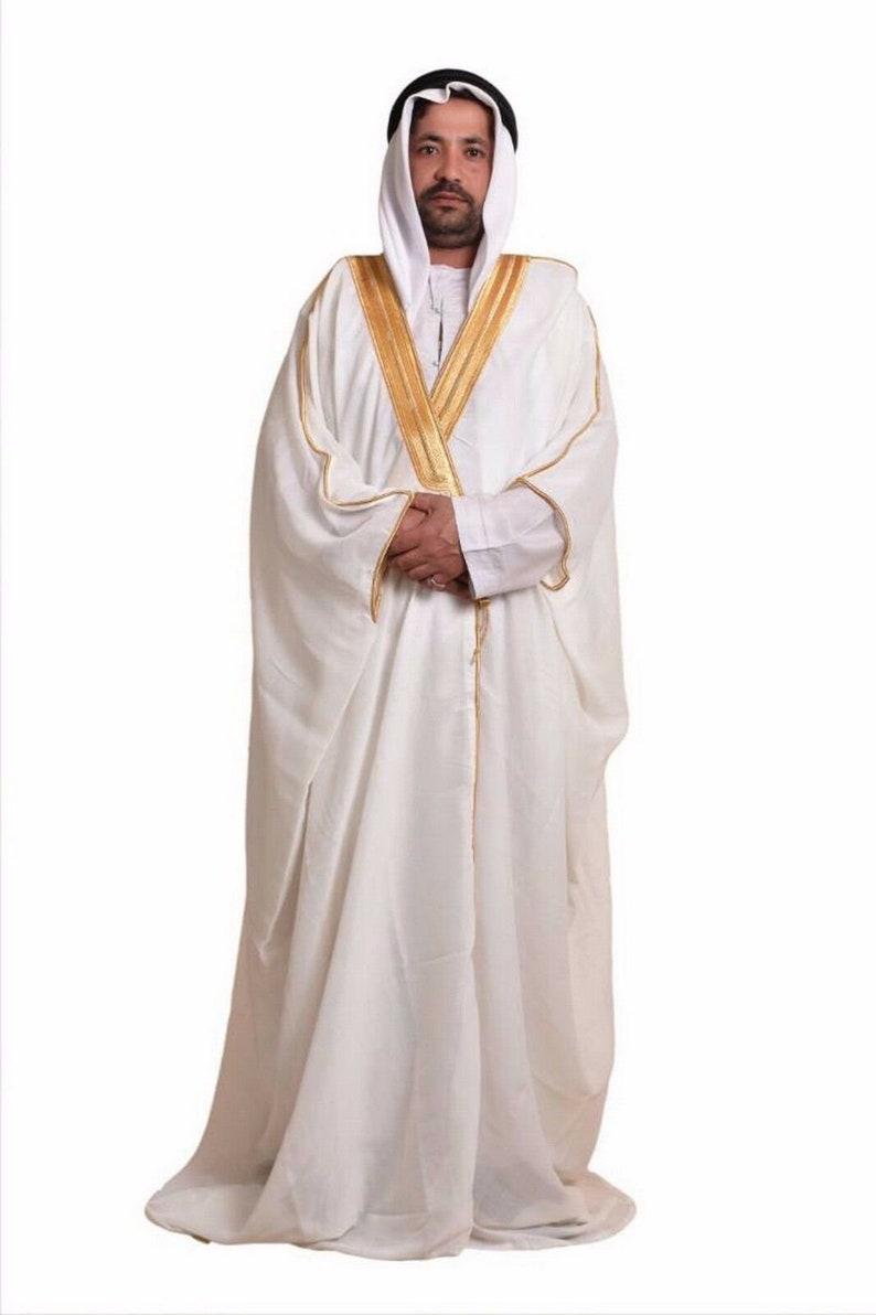 Arabic Mens cloak bisht Cloak Arab Dress Thoub SAUDI Men's Traditional Rob EID white scarves black cord ugal 3 pieces sets Only image 4