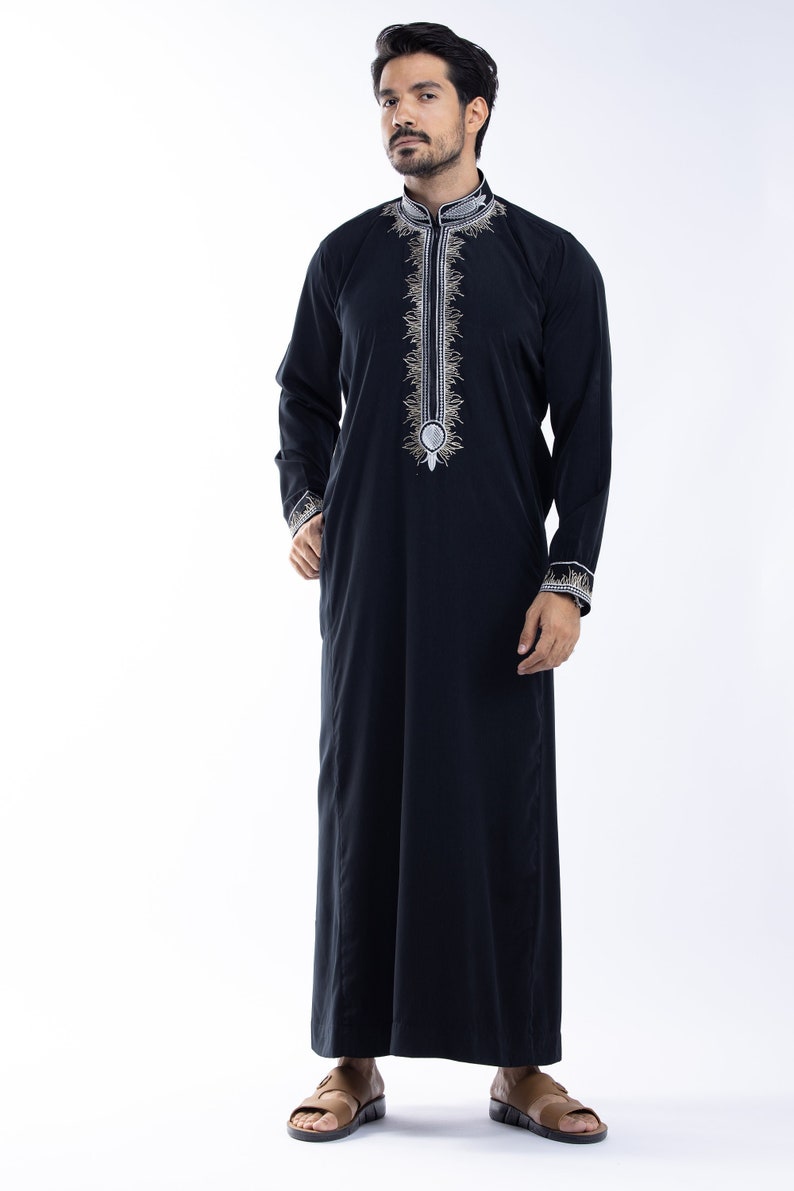 Embroidered Men Arab thoub Dishdash Long Sleeve Thobe Islamic Robe Kaftan Abaya Dress Only 104 image 4