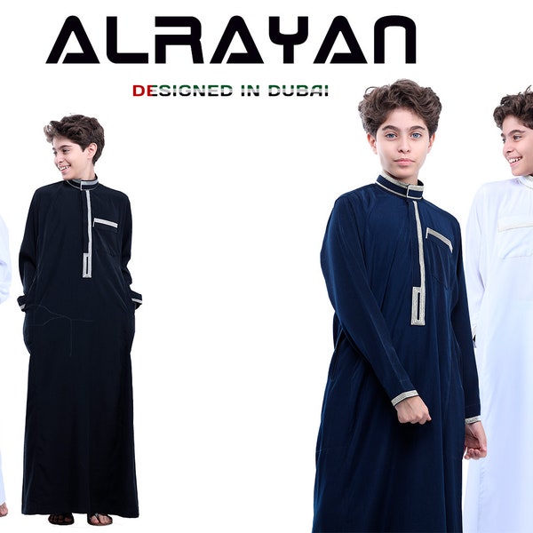 Boys Abaya Kaftan Islamic Prayer Clothing Dubai Long Sleeve Thobe Dishdasha