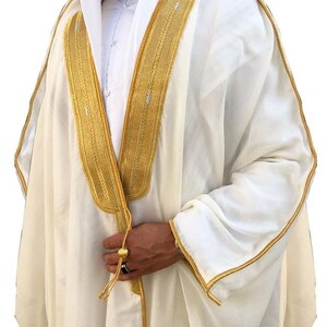 Men's Bisht Cloak Arab Dress Thobe Robe Eid Kaftan Jacket Wedding free shipping Off White