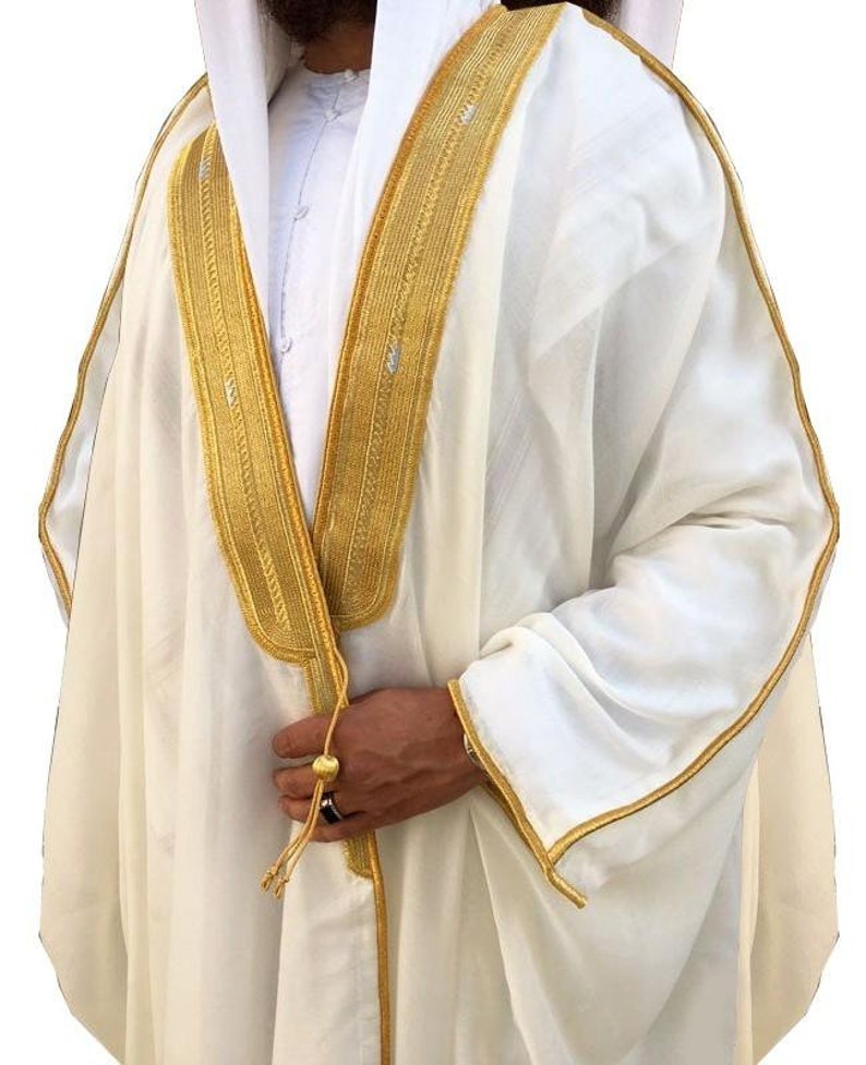 Men's Bisht Cloak Arab Dress Thobe Robe Eid Kaftan Jacket Wedding free shipping Off White