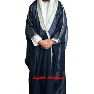 Arabic Mens cloak bisht Cloak Arab Dress Thoub SAUDI Men's Traditional Rob EID white scarves black cord ugal 3 pieces sets Only Navy/Silver