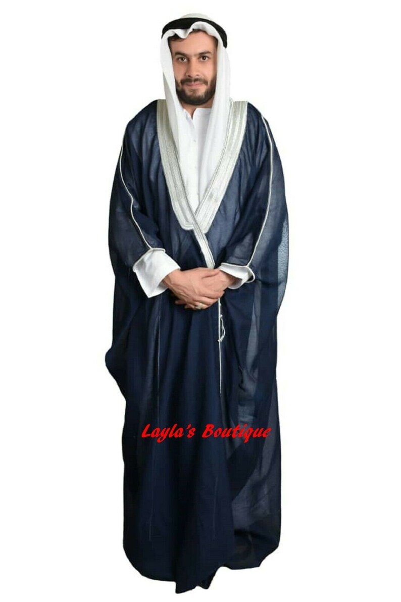 Arabic Mens cloak bisht Cloak Arab Dress Thoub SAUDI Men's Traditional Rob EID white scarves black cord ugal 3 pieces sets Only Navy/Silver