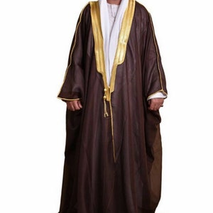 Arabic Mens cloak bisht Cloak Arab Dress Thoub SAUDI Men's Traditional Rob EID white scarves black cord ugal 3 pieces sets Only Brown