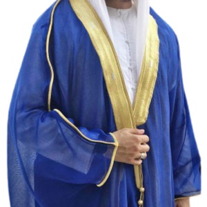 Arabic Mens cloak bisht Cloak Arab Dress Thoub SAUDI Men's Traditional Rob EID white scarves black cord ugal 3 pieces sets Only Blue