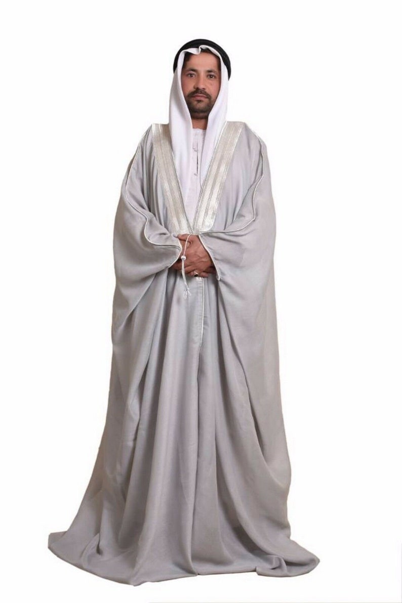 Arabic Mens cloak bisht Cloak Arab Dress Thoub SAUDI Men's Traditional Rob EID white scarves black cord ugal 3 pieces sets Only image 3