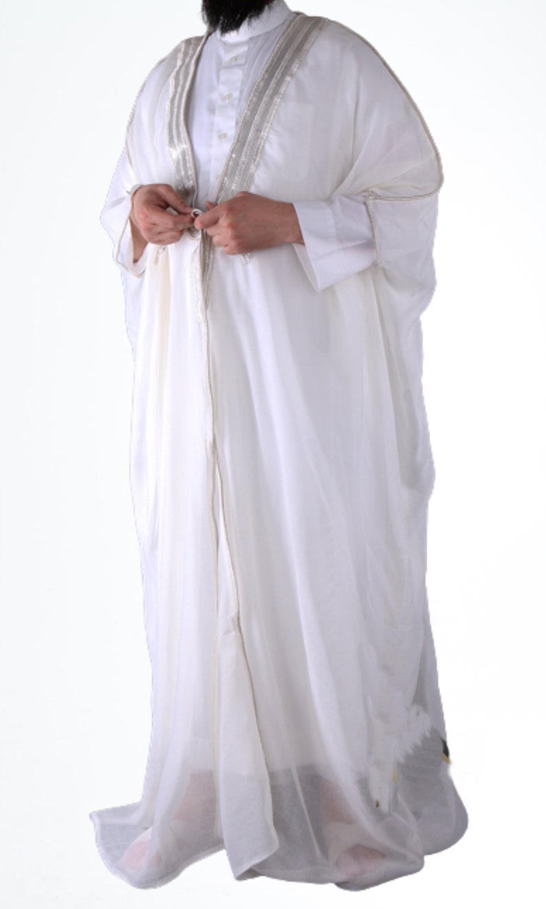 Mens bisht Islamic Arab Dress Sheikh Imam Kaftan Cloak Bisht Abaya Eid Robe color premium quality Free Shipping White - Silver