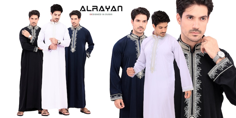 Embroidered Men Arab thoub Dishdash Long Sleeve Thobe Islamic Robe Kaftan Abaya Dress Only 104 image 2