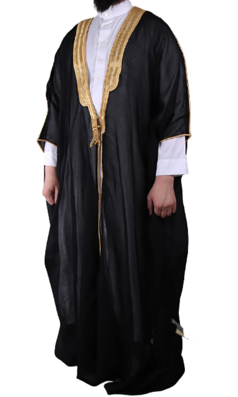 Mens bisht Islamic Arab Dress Sheikh Imam Kaftan Cloak Bisht Abaya Eid Robe color premium quality Free Shipping Black- Gold