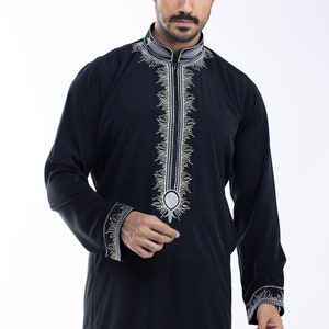 Embroidered Men Arab thoub Dishdash Long Sleeve Thobe Islamic Robe Kaftan Abaya Dress Only 104 image 8