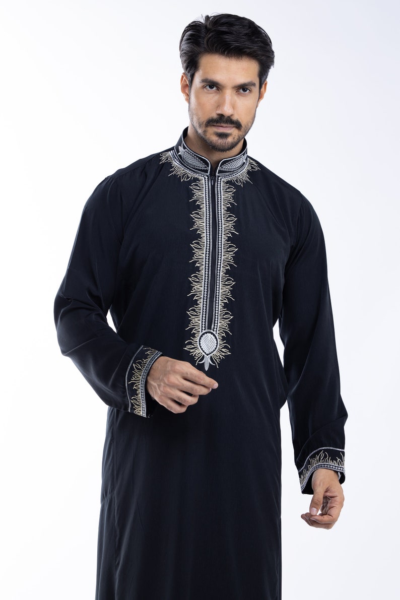 Embroidered Men Arab thoub Dishdash Long Sleeve Thobe Islamic Robe Kaftan Abaya Dress Only 104 image 8