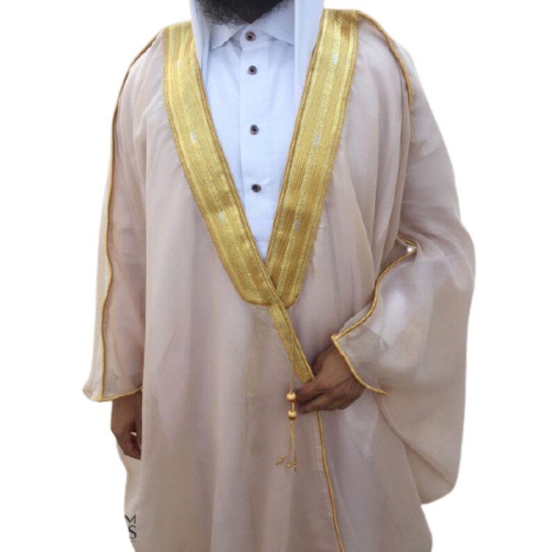 Men's Bisht Cloak Arab Dress Thobe Robe Eid Kaftan Jacket Wedding free shipping Beige