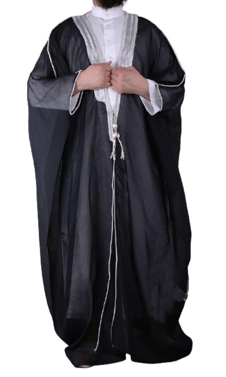Mens bisht Islamic Arab Dress Sheikh Imam Kaftan Cloak Bisht Abaya Eid Robe color premium quality Free Shipping Black - Silver