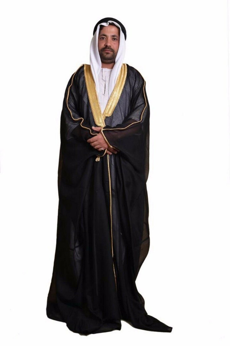 Arabic Mens cloak bisht Cloak Arab Dress Thoub SAUDI Men's Traditional Rob EID white scarves black cord ugal 3 pieces sets Only Black /Gold