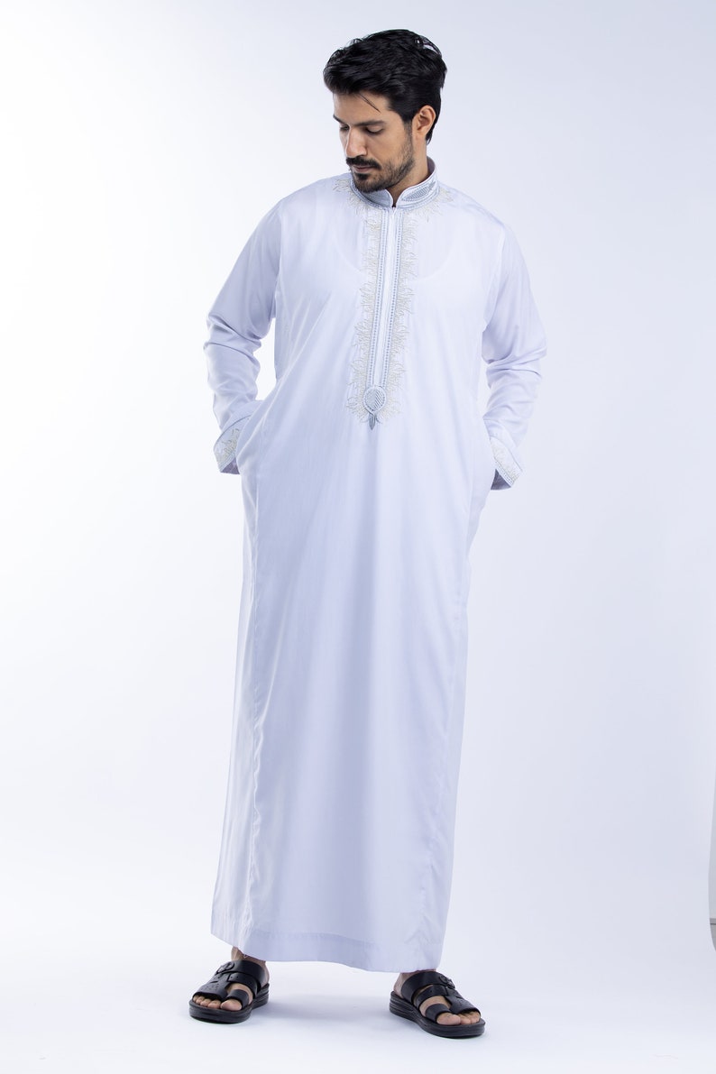 Embroidered Men Arab thoub Dishdash Long Sleeve Thobe Islamic Robe Kaftan Abaya Dress Only 104 White