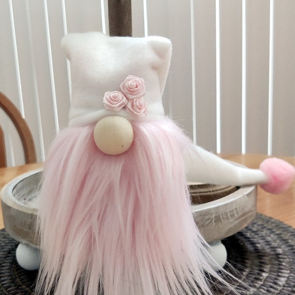Smaller Pink Fleece, White Hat, Pink Beard,  Valentines Gnome, Valentines Day,  Gnome, Shelf Sitter, Tiered Tray Decoration, Kitchen Sitter,