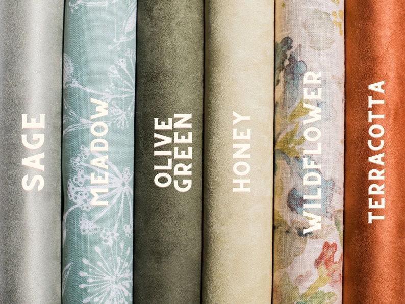 May include: Close-up of six fabric swatches in different colors and patterns. The swatches are labeled "Sage", "Meadow", "Olive Green", "Honey", "Wildflower", and "Terracotta".