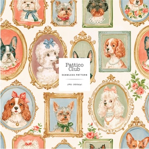 May include: A seamless pattern featuring various dog breeds in ornate gold and green frames against a cream background. The text Pattico Club SEAMLESS PATTERN JPG-300dpi is centered. The dogs wear accessories like bows, pearls, and collars.
