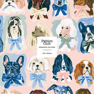 May include: A seamless pattern featuring various dog breeds painted in a loose, artistic style on a light pink background. Each dog wears a colorful bow. A central white square contains the black text Pattico Club SEAMLESS PATTERN JPG 300dpi.